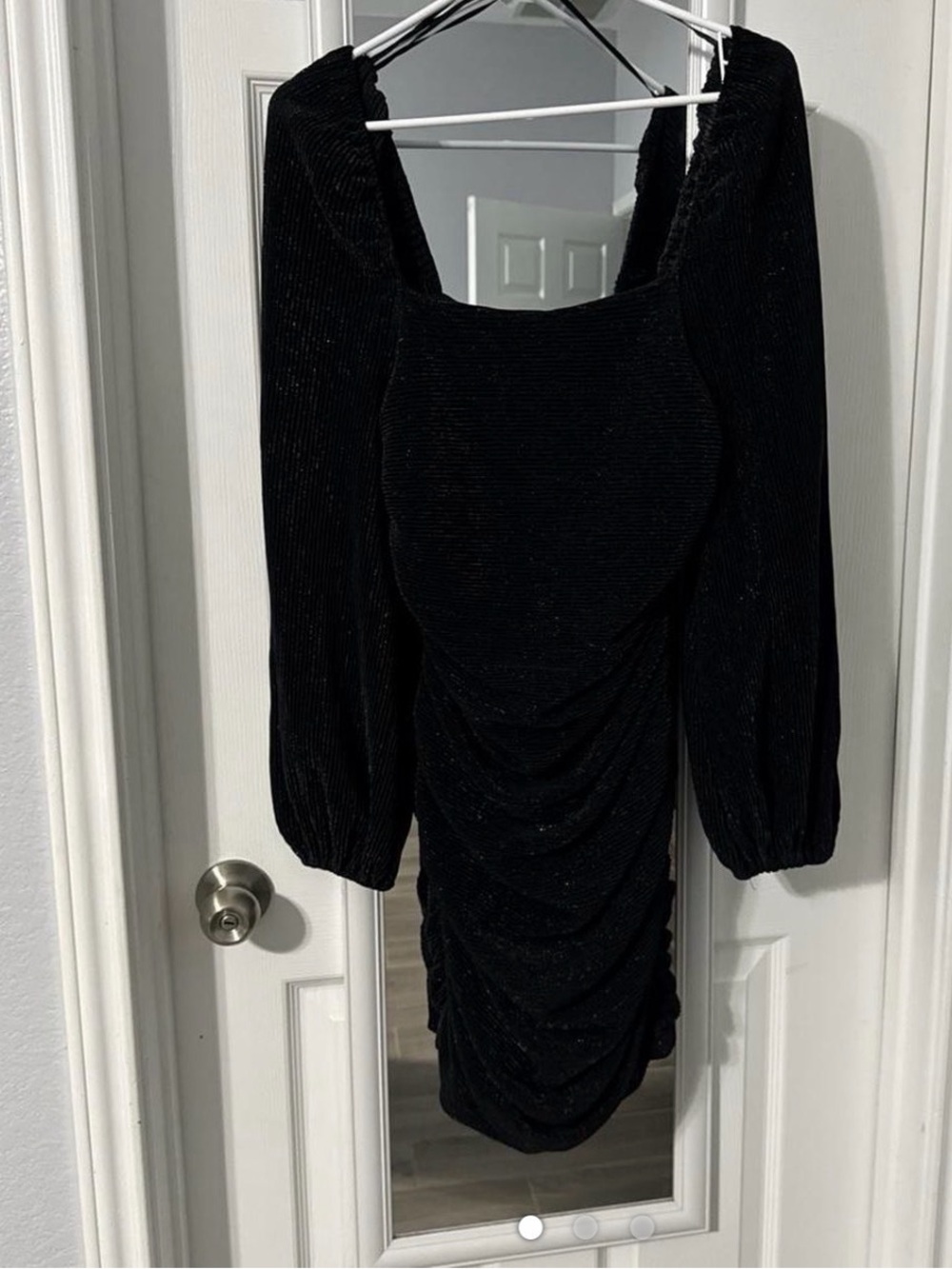 Black Ruched Long-Sleeve Square-Neck Dress